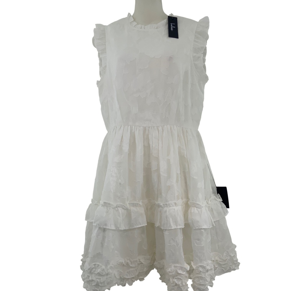 Lulus White Floral Devore Burnout Ruffle Tiered Mini Dress Womens Size M NWT